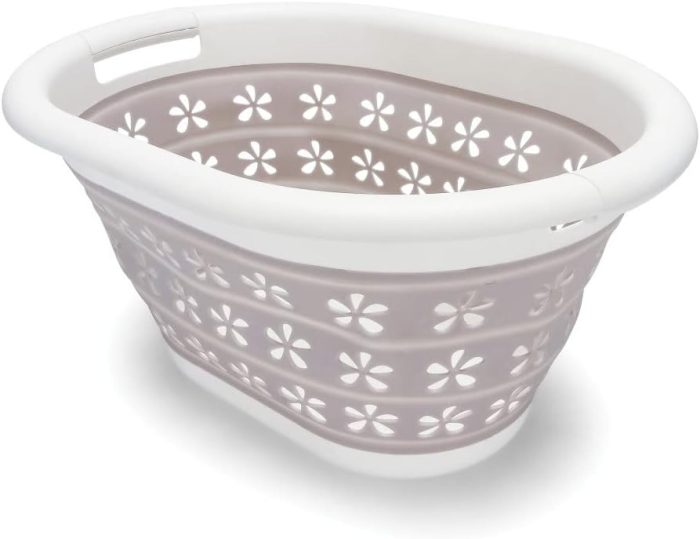 Collapsible Laundry Basket | Features Simple Pop-Open & Collapse-Down Design | Waterproof for Easy Clean-Up | Measures 14.5” x 19.75” x 2.5”/10” Collapsed/Expanded, Taupe & White (51951)