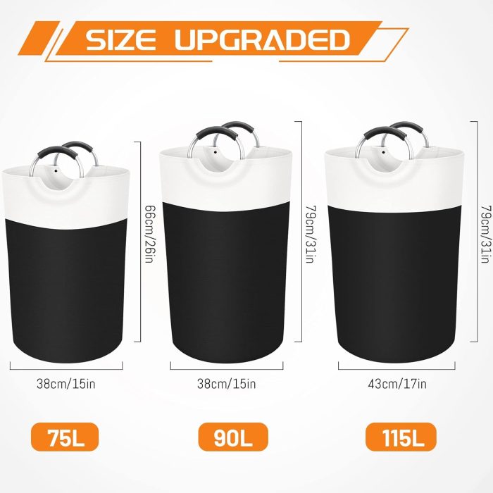90L Laundry Basket, Freestanding Laundry Hamper, Collapsible Dirty Clothes Hamper, Waterproof Fabric with Foam Protected Aluminum Handles for College, Dorm, Family (Black) - Image 2