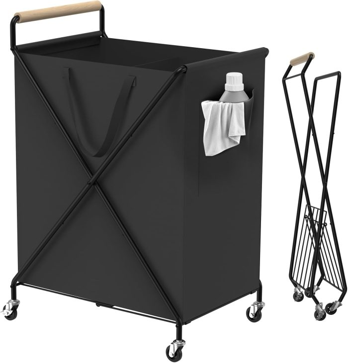 Foldable Metal Laundry Basket with Wheels, 2-Section Rolling Laundry Hamper, 37 Gallons (140L), Only 4LB, Removable Liner, Steel Frame with Handle, Black