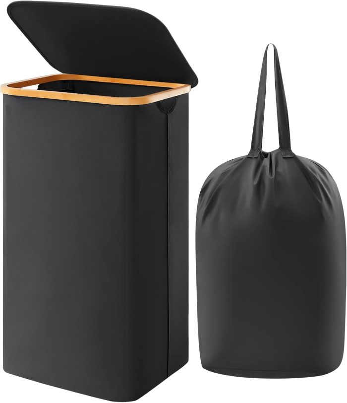 100L Laundry Basket with Lid, Clothes Hampers for Laundry with Bamboo Handles and A Removable Bag, Large Foldable Laundry Hamper for Bedroom, Bathroom, Dorm, Laundry Room, Black