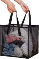 Laundry Bags Hamper Bag with Handles,Portable &Collapsible Dirty Clothes Mesh Basket Foldable for Washing Storage, Kids Room,Dorm or Travel (Black, Single-Layer)