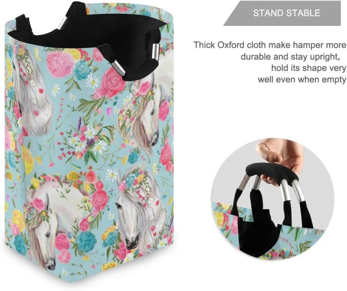 Large Storage Basket Collapsible Organizer Bin Laundry Hamper for Nursery Clothes Toys, Horse and Flower - Image 2