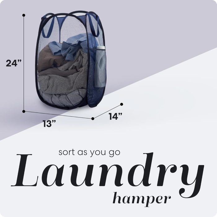 Collapsible Mesh Pop Up Hamper with Wide Opening and Side Pocket – Breathable, Sturdy, Foldable, and Space-Saving Design for Clothes and Storage. (Blue | 2-Pack) - Image 2