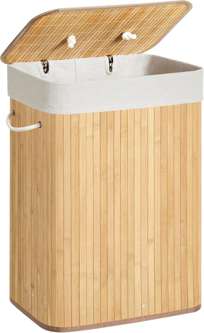 Foldable Laundry Hamper with Lid, 19 Gal. Bamboo Laundry Basket, Rectangular Storage Hamper with 3 Handles, 15.7 x 11.8 x 23.6 Inches, for Laundry Room, Bedroom, Natural