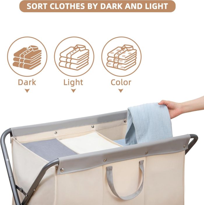 160L Collapsible Laundry Hamper with Wheels, Rolling Laundry Basket, Heavy Duty Laundry Sorter with Removable Bag, Folding X Frame Laundry Organizer Cart for Easy to Store, 3 Section - Image 2