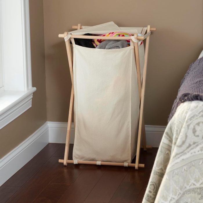 Collapsible Wood X-Frame Laundry Hamper with Fold Over Lid - Image 2