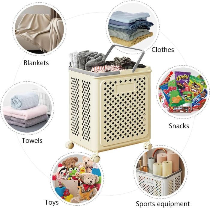 50L Slim foldable Storage Basket with Wheels and Handles – Heavy-duty mesh storage rack for yoga mats, gym equipment, laundry room space-saving rolling basket for home gym, bathroom, bedroom - Image 2