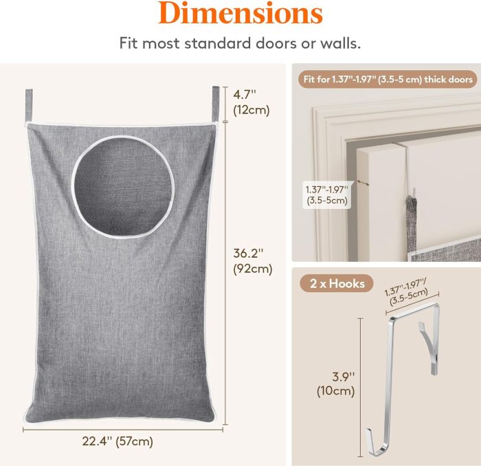 Over Door Laundry Hamper, Large Collapsible Hanging Laundry Hamper, Hanging Laundry Basket Bag for Bathroom Bedroom Dirty Clothes Storage Organizer, Light Gray - Image 2