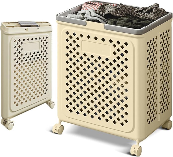 50L Slim foldable Storage Basket with Wheels and Handles – Heavy-duty mesh storage rack for yoga mats, gym equipment, laundry room space-saving rolling basket for home gym, bathroom, bedroom