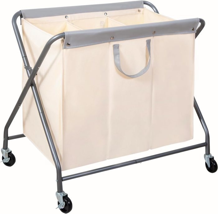 160L Collapsible Laundry Hamper with Wheels, Rolling Laundry Basket, Heavy Duty Laundry Sorter with Removable Bag, Folding X Frame Laundry Organizer Cart for Easy to Store, 3 Section