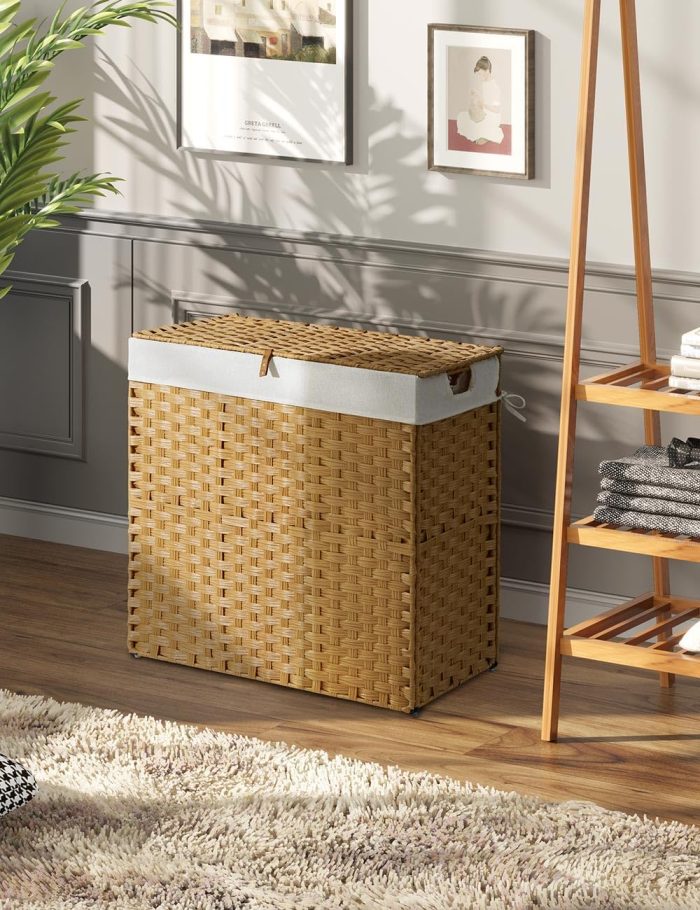Laundry Hamper with lid, No Install Needed, 110L Wicker Laundry Baskets Foldable 2 Removable Liner Bags, 2 Section Clothes Hamper Handwoven Rattan Laundry Basket with Handles, Natural - Image 2