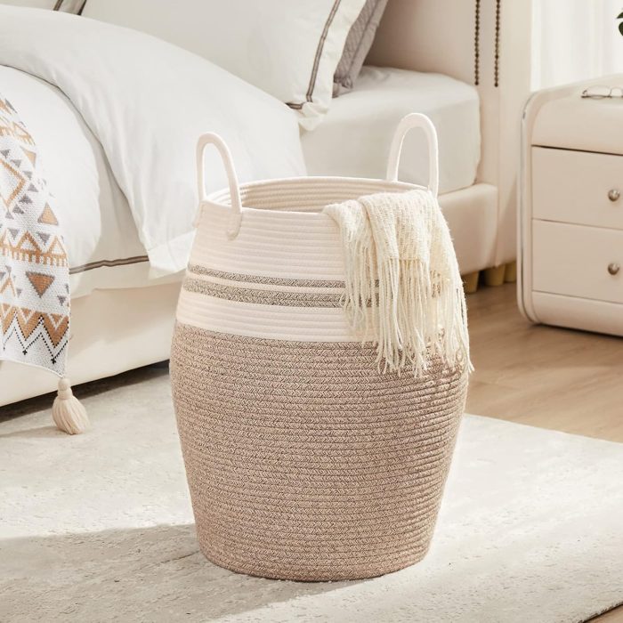 65L Cotton Rope Laundry Hamper by , Large Woven Tall Laundry Basket for Storage Clothes and Toy in Bedroom, Living Room Organizing, Collapsible, Brown & White - Image 2