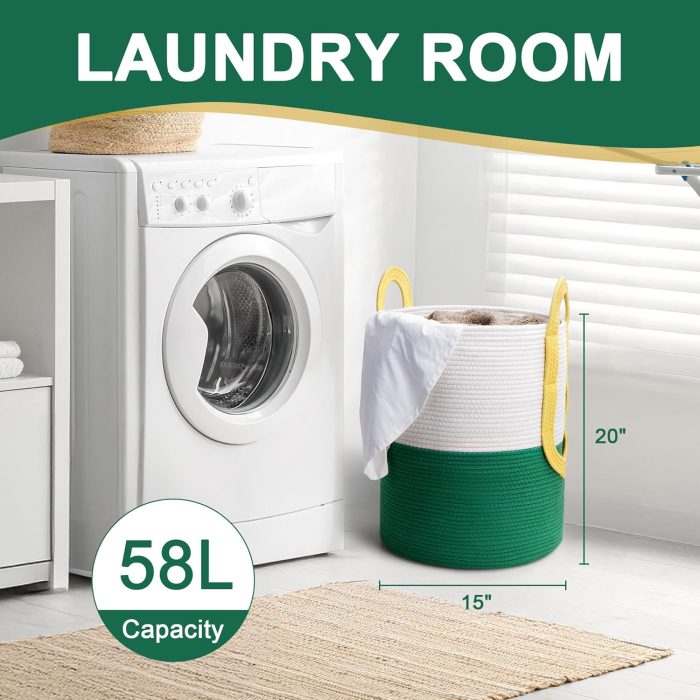 Collapsible Laundry Baskets, Dirty Clothes Laundry Hamper, Cute Rope Storage Basket for Blankets and Toys - Emerald Green + Yellow - Image 2