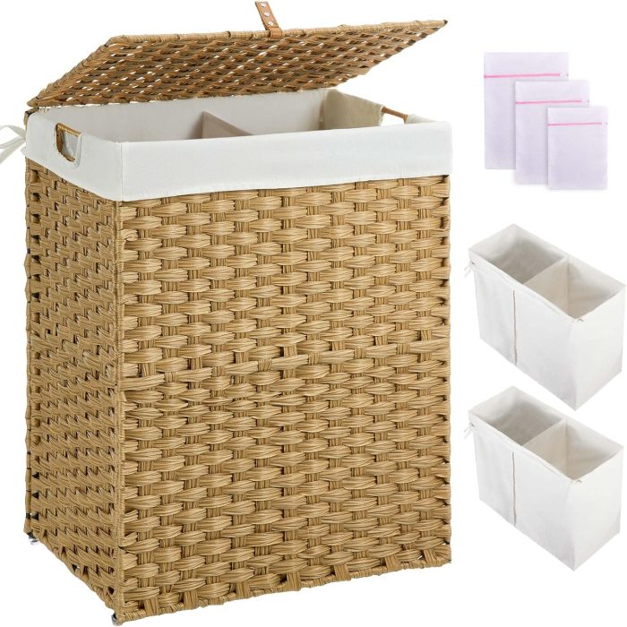 Laundry Hamper with lid, No Install Needed, 110L Wicker Laundry Baskets Foldable 2 Removable Liner Bags, 2 Section Clothes Hamper Handwoven Rattan Laundry Basket with Handles, Natural
