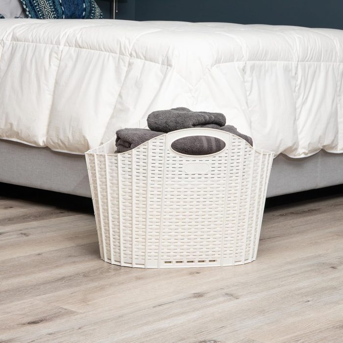 40L Collapsible Laundry Hamper, Clothes Basket, Premium Wicker Design, Plastic, 21.5"L x 15"W x 15.25"H, Ivory - Image 2