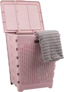 61L Foldable Laundry Hamper, Clothes Basket, Lid, Wicker Design, Plastic, 18"L x 14.5"W x 21.25"H, Pink