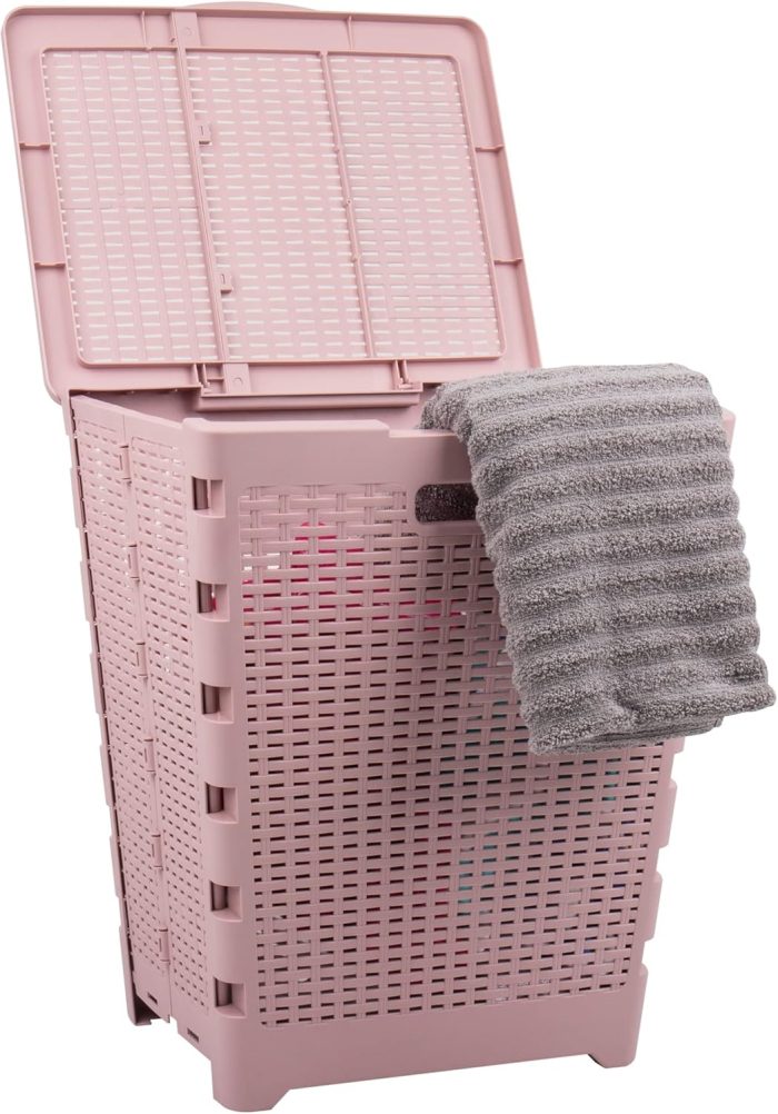 61L Foldable Laundry Hamper, Clothes Basket, Lid, Wicker Design, Plastic, 18"L x 14.5"W x 21.25"H, Pink