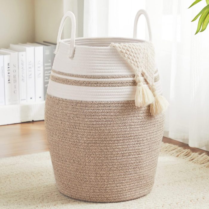 65L Cotton Rope Laundry Hamper by , Large Woven Tall Laundry Basket for Storage Clothes and Toy in Bedroom, Living Room Organizing, Collapsible, Brown & White
