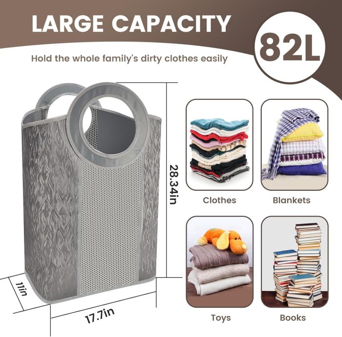 82L Large Laundry Basket with Handles,Grey Heavy Duty EVA Laundry Hamper Collapsible & Portable Mesh Clothes Storage Bag Freestanding Organizer for Bedroom Laundry Room Dirty Clothing Hamper - Image 2