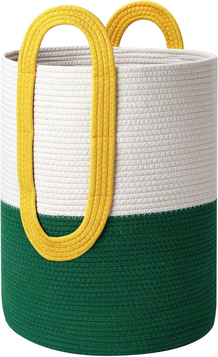Collapsible Laundry Baskets, Dirty Clothes Laundry Hamper, Cute Rope Storage Basket for Blankets and Toys - Emerald Green + Yellow