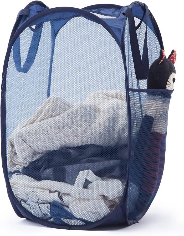 Collapsible Pop Up Laundry Basket, Hamper with Sturdy Handles and Side Pocket - Mesh Portable Foldable Dirty Clothes Hamper for Dorm, Laundry room, Bathroom and Travel Storage, Navy Blue