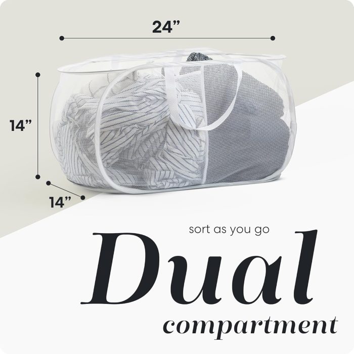 Foldable Laundry Basket - Popup and Collapsible, Durable Mesh Material, Folds for Storage, Easy Carry Handles, Hamper for College Dorm, Laundry Room or Travel (White | 2-Compartments) - Image 2