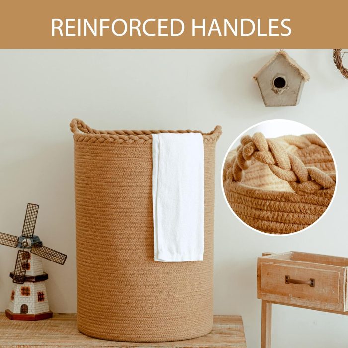 58L Cotton Woven Laundry Hamper,Foldable Laundry Basket for Blankets,Pillows,Toys,Shoes Tall CLothes Hamper Laundry Bin Light Brown 20''H 15''D - Image 2