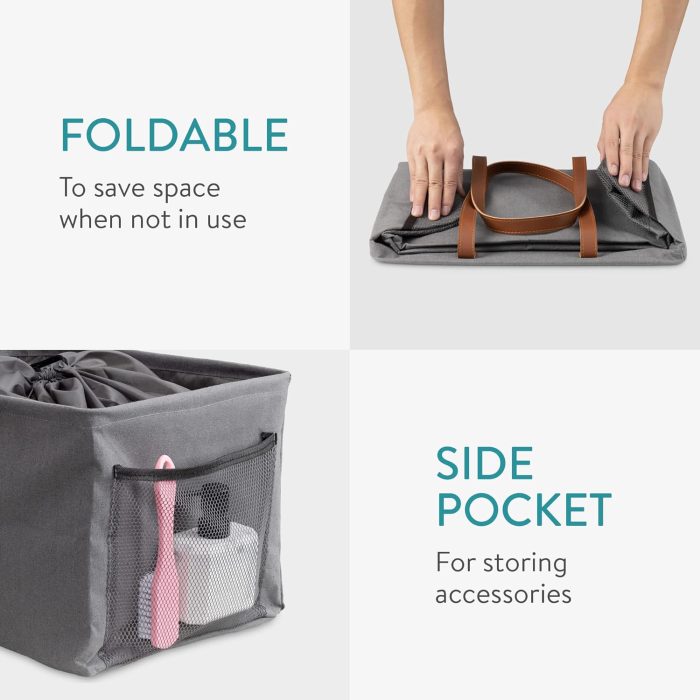 Collapsible Laundry Baskets - Set of 2 - Foldable Washing Hampers - Clothes Storage Bins with Fabric Drawstring Lid & Side Handles - Gray - Image 2