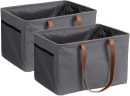 Collapsible Laundry Baskets - Set of 2 - Foldable Washing Hampers - Clothes Storage Bins with Fabric Drawstring Lid & Side Handles - Gray