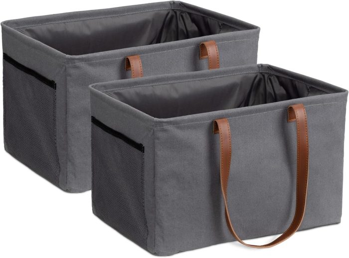 Collapsible Laundry Baskets - Set of 2 - Foldable Washing Hampers - Clothes Storage Bins with Fabric Drawstring Lid & Side Handles - Gray