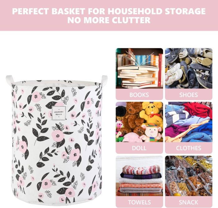 Large Foldable Laundry Basket Hamper Holder Portable Tall Collapsible Laundry Hamper Nusery Storage Basket Bin with Handles, Canvas & Waterproof lining for Household Items (Floral Pink) - Image 2