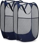 Collapsible Mesh Pop Up Hamper with Wide Opening and Side Pocket – Breathable, Sturdy, Foldable, and Space-Saving Design for Clothes and Storage. (Blue | 2-Pack)
