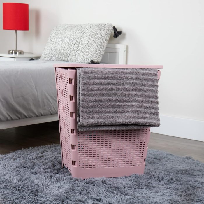 61L Foldable Laundry Hamper, Clothes Basket, Lid, Wicker Design, Plastic, 18"L x 14.5"W x 21.25"H, Pink - Image 2